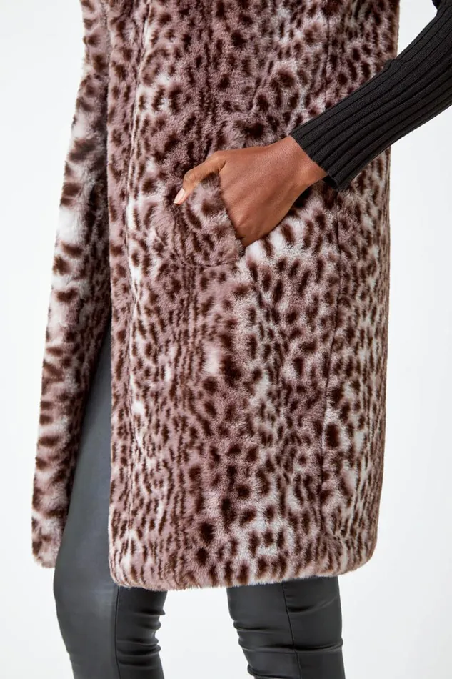 Women Taupe Animal Print Faux Fur Gilet Roman Coats