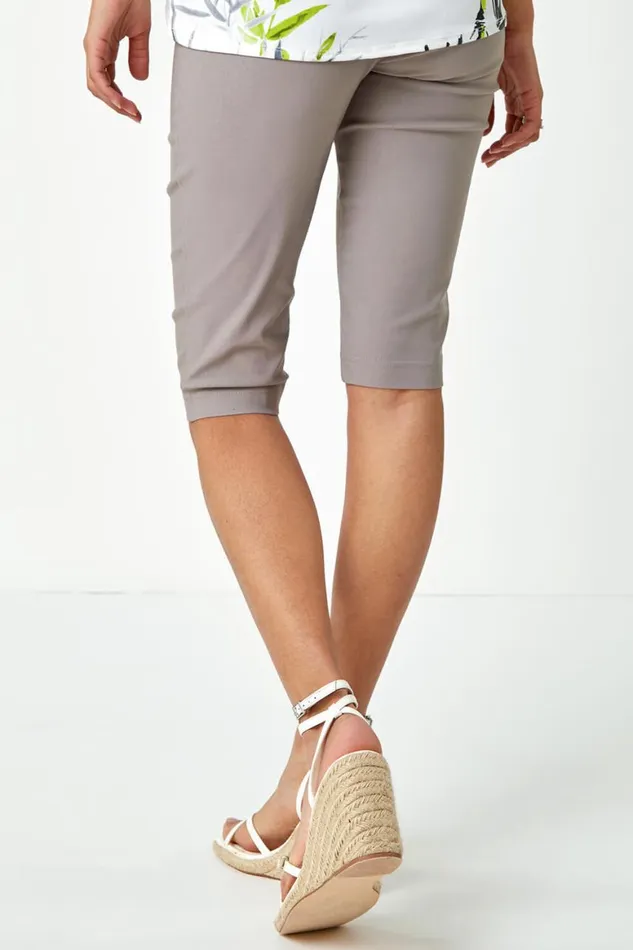 Women Taupe Elastic Waist Knee Length Stretch Shorts Roman Coords