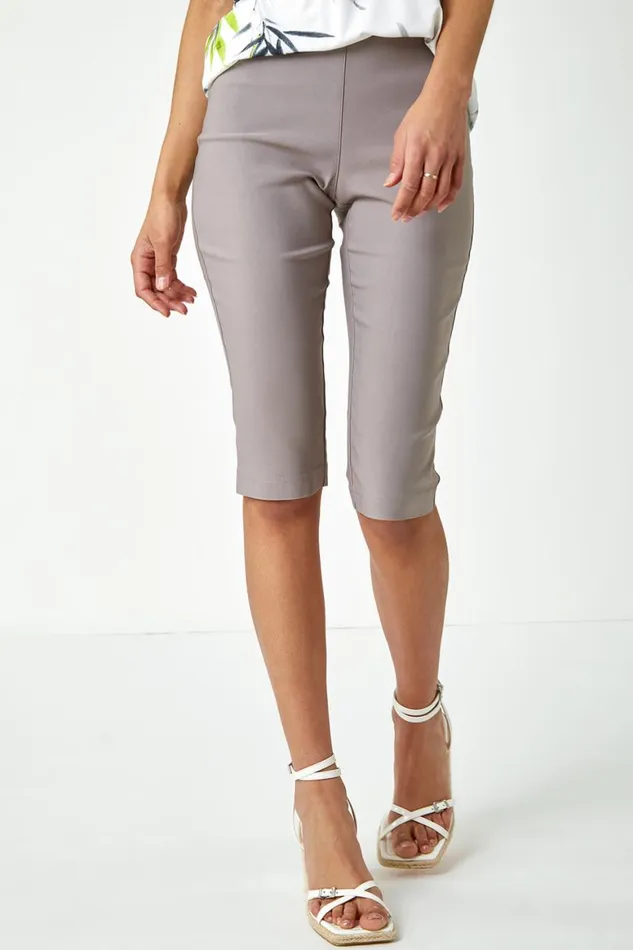 Women Taupe Elastic Waist Knee Length Stretch Shorts Roman Coords