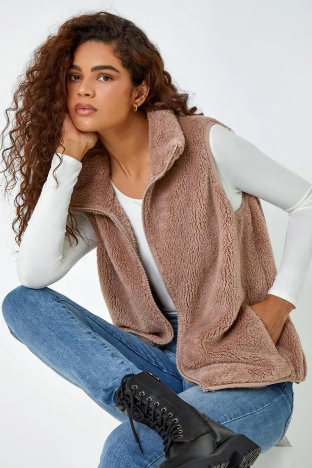 Women Taupe Soft Sherpa Fleece Gilet Roman Jackets