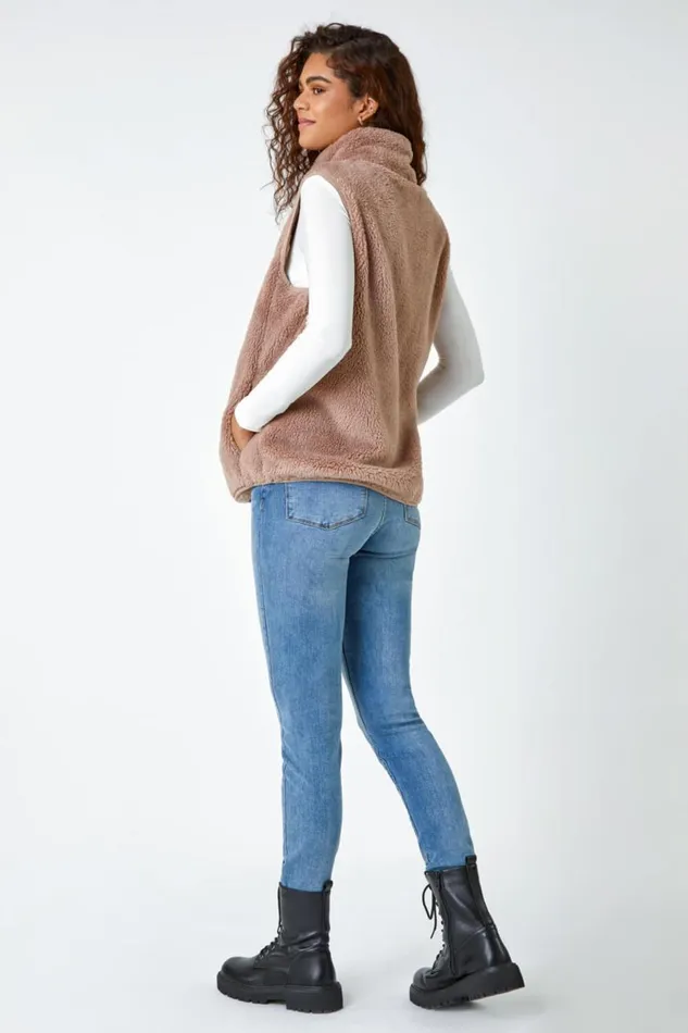 Women Taupe Soft Sherpa Fleece Gilet Roman Jackets