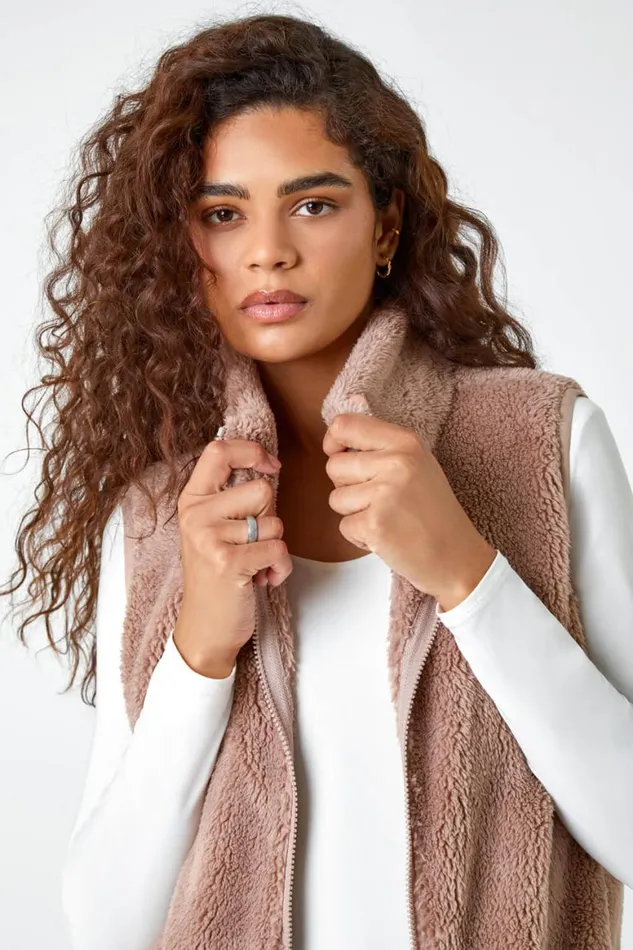 Women Taupe Soft Sherpa Fleece Gilet Roman Jackets