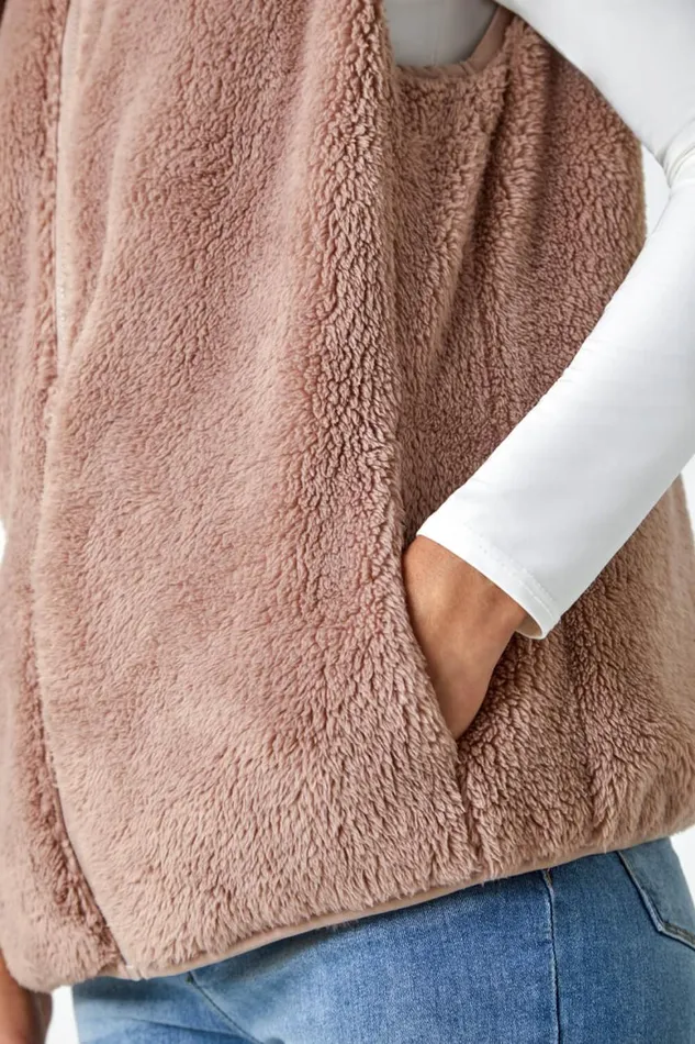 Women Taupe Soft Sherpa Fleece Gilet Roman Jackets