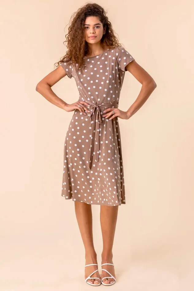 Women Taupe Spot Print Jersey Stretch Dress Roman Dresses