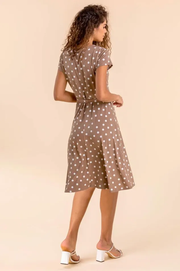 Women Taupe Spot Print Jersey Stretch Dress Roman Dresses