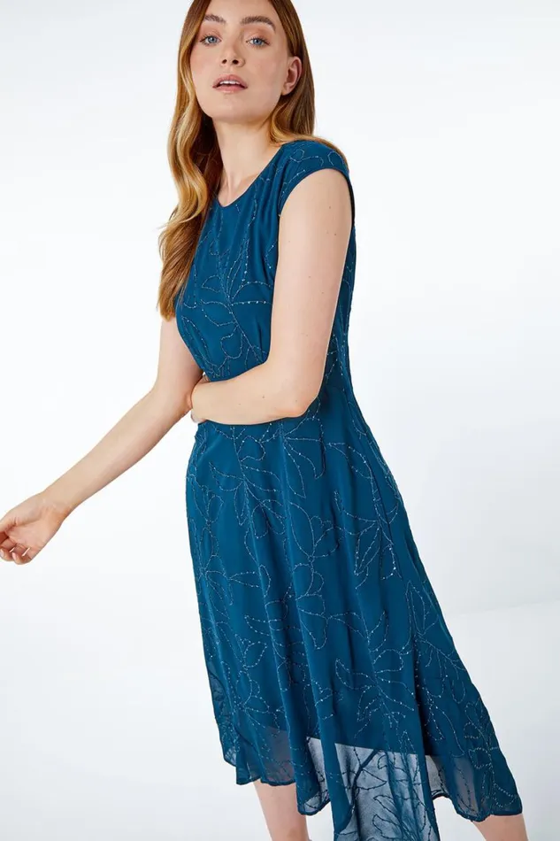 Women Teal Embroidered Sequin Chiffon Hanky Hem Dress Roman Dresses