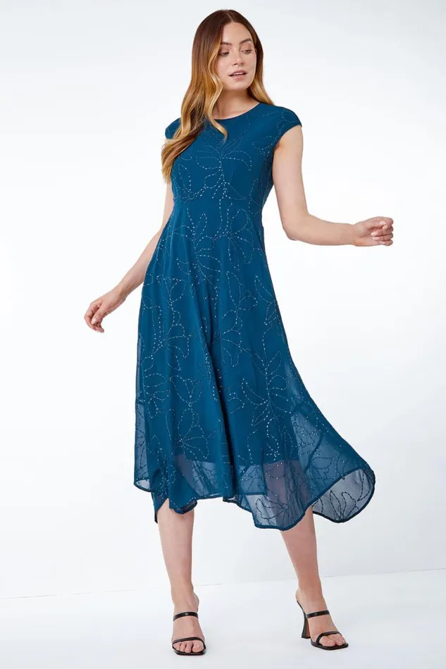 Women Teal Embroidered Sequin Chiffon Hanky Hem Dress Roman Dresses