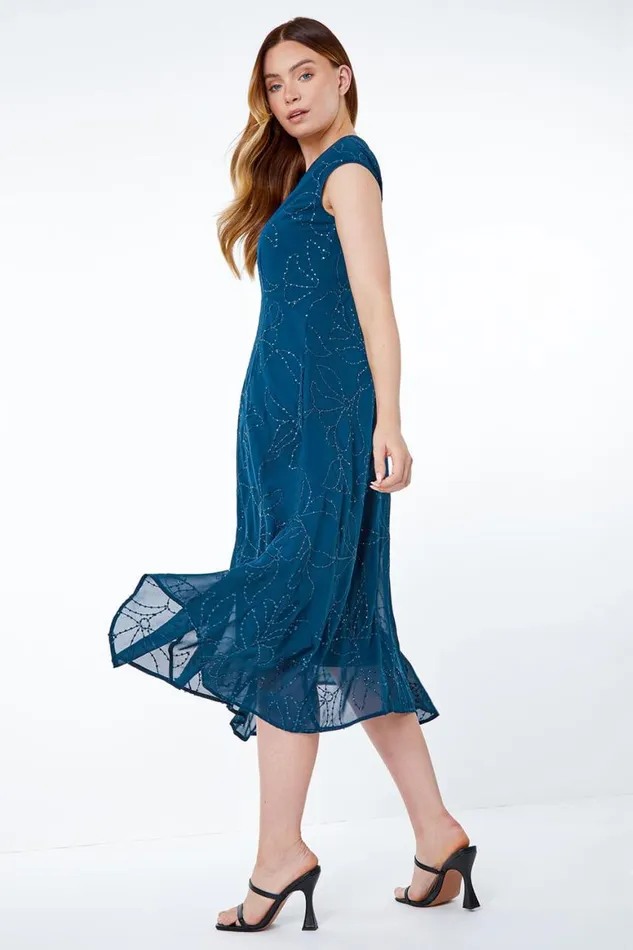 Women Teal Embroidered Sequin Chiffon Hanky Hem Dress Roman Dresses