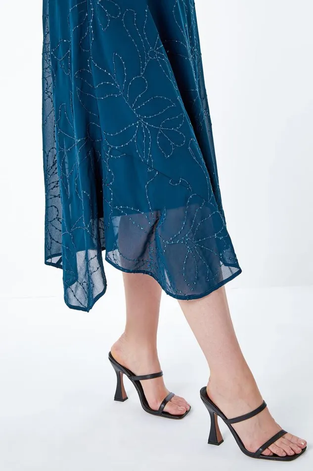 Women Teal Embroidered Sequin Chiffon Hanky Hem Dress Roman Dresses
