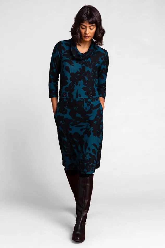 Women Teal Floral Print Cowl Neck Dress Roman Dresses