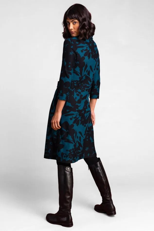 Women Teal Floral Print Cowl Neck Dress Roman Dresses