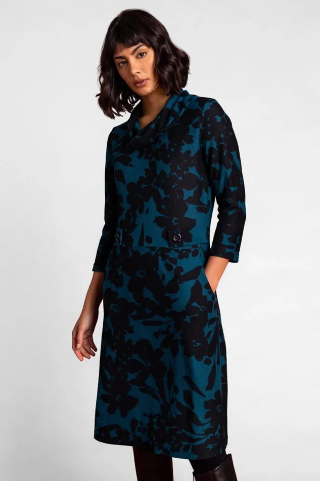 Women Teal Floral Print Cowl Neck Dress Roman Dresses
