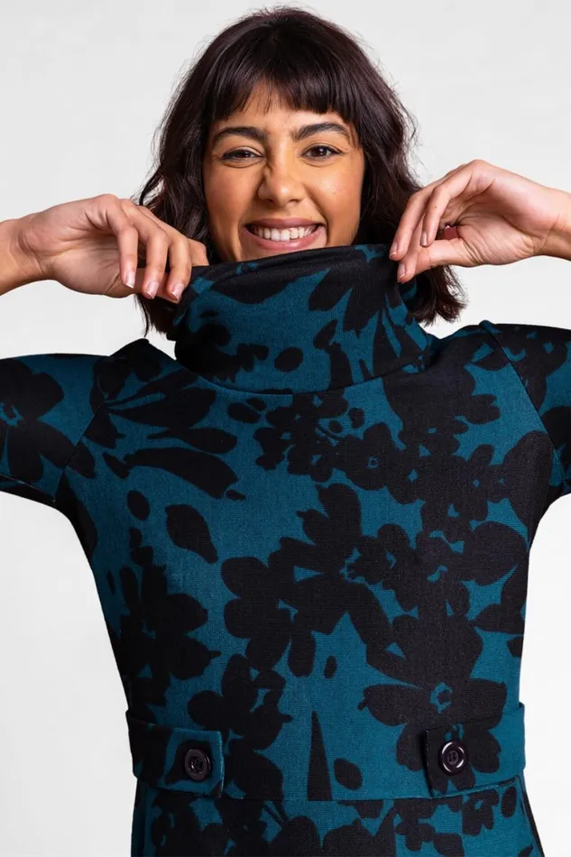 Women Teal Floral Print Cowl Neck Dress Roman Dresses