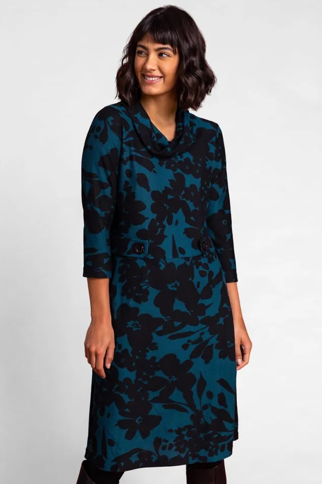 Women Teal Floral Print Cowl Neck Dress Roman Dresses
