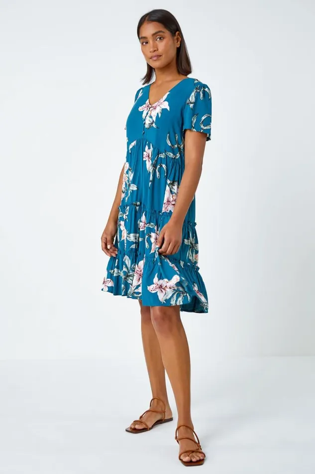 Women Teal Floral Print Tiered Mini Dress Roman Dresses