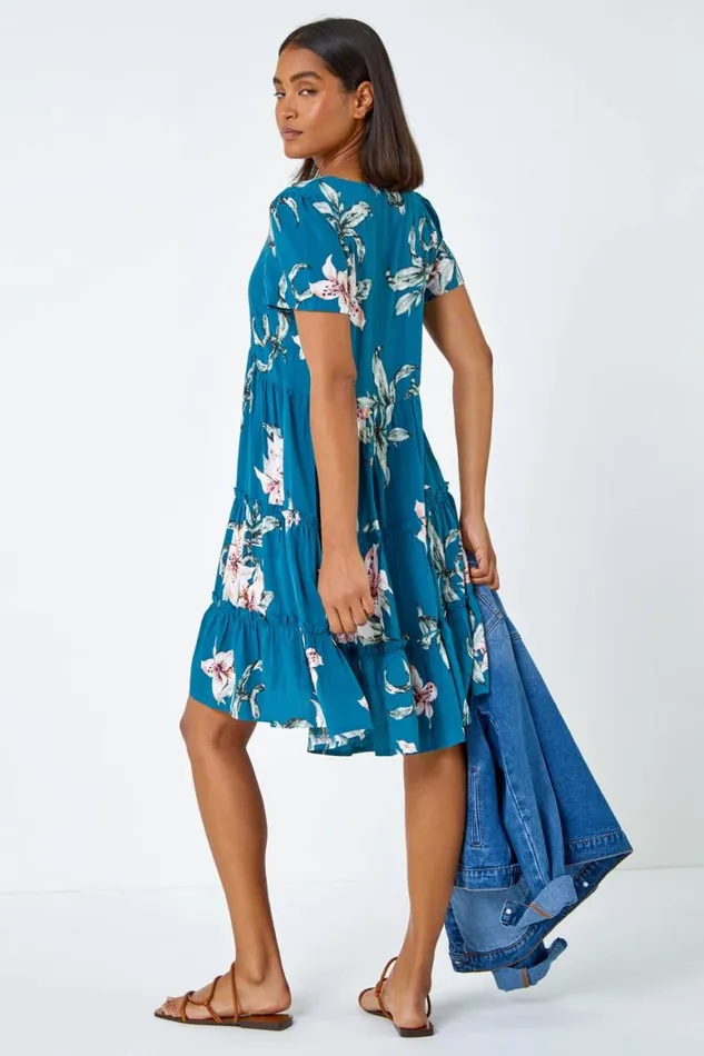 Women Teal Floral Print Tiered Mini Dress Roman Dresses