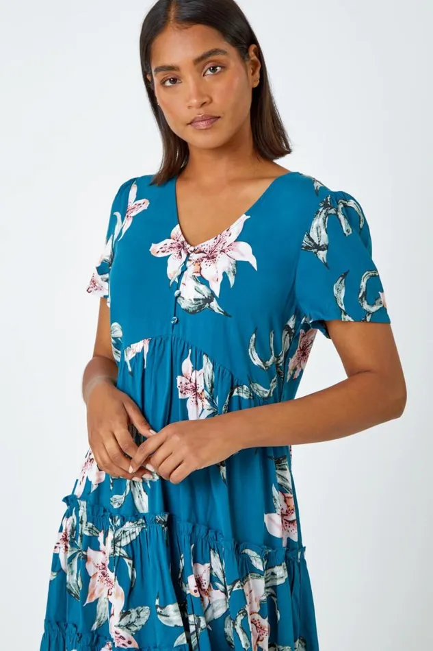 Women Teal Floral Print Tiered Mini Dress Roman Dresses