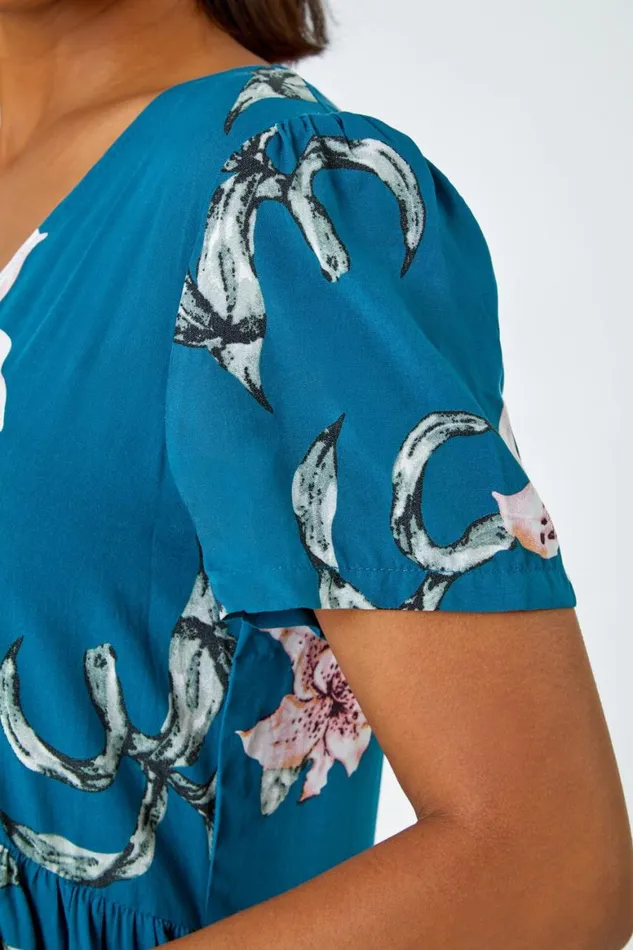 Women Teal Floral Print Tiered Mini Dress Roman Dresses