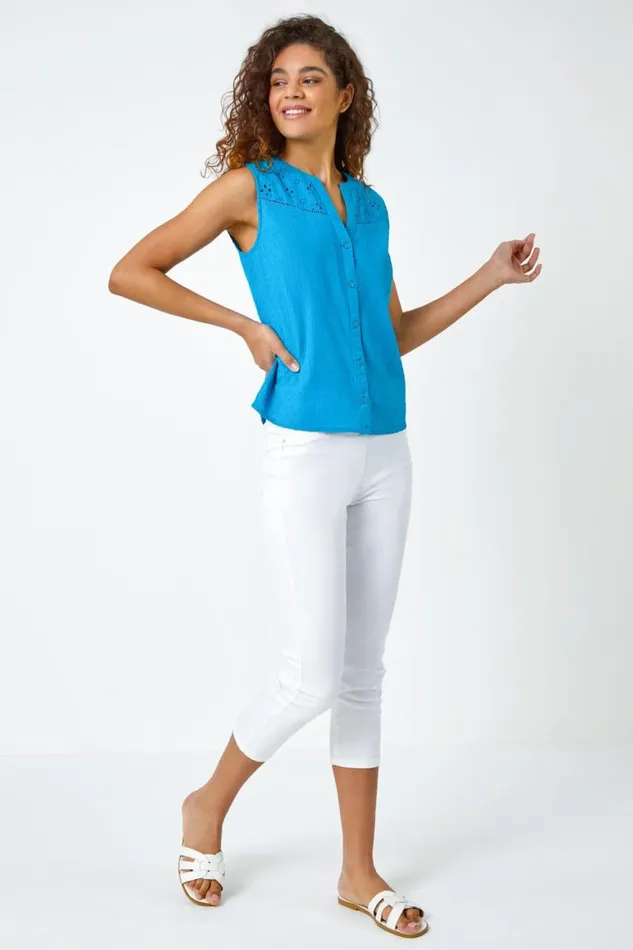 Women Teal Sleeveless Embroidered Cotton Blouse Roman Tops
