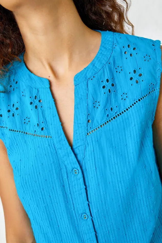 Women Teal Sleeveless Embroidered Cotton Blouse Roman Tops
