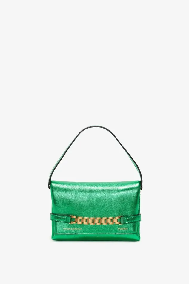 Women The Chain Pouch Victoria Beckham Mini Chain Pouch In Metallic Green Leather