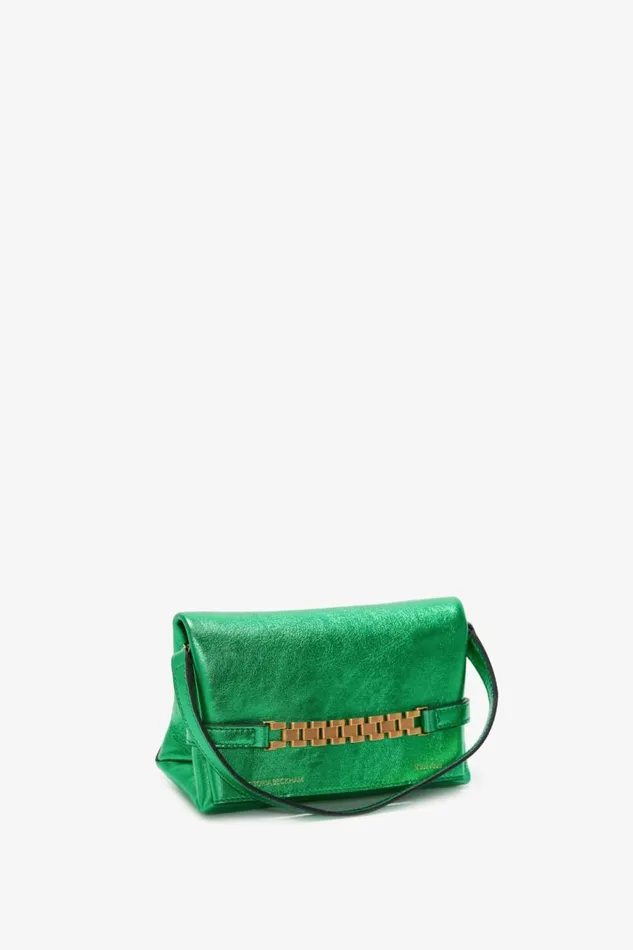 Women The Chain Pouch Victoria Beckham Mini Chain Pouch In Metallic Green Leather