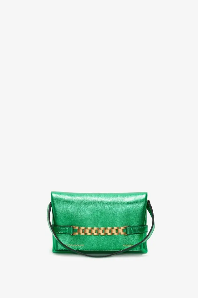 Women The Chain Pouch Victoria Beckham Mini Chain Pouch In Metallic Green Leather