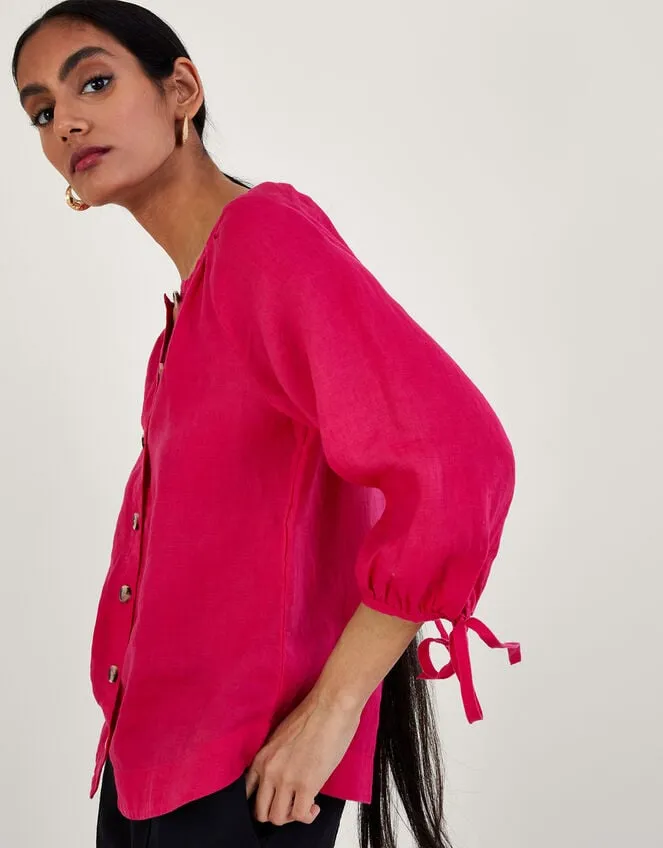 Women Tie Cuff Button Through Linen Blouse Pink Monsoon Tops and Blouses