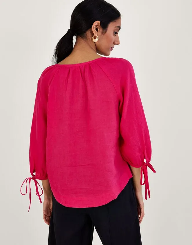 Women Tie Cuff Button Through Linen Blouse Pink Monsoon Tops and Blouses