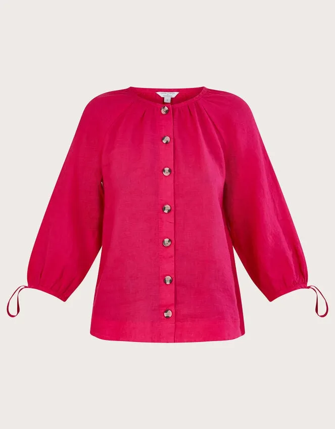 Women Tie Cuff Button Through Linen Blouse Pink Monsoon Tops and Blouses