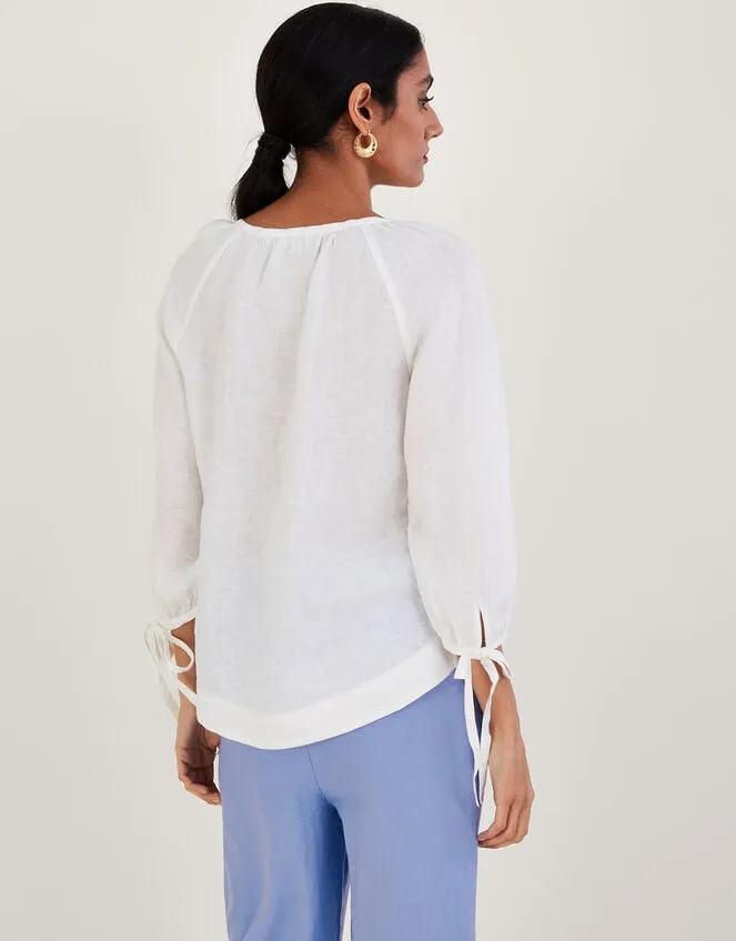 Women Tie Cuff Button Through Linen Blouse White Monsoon Tops and Blouses