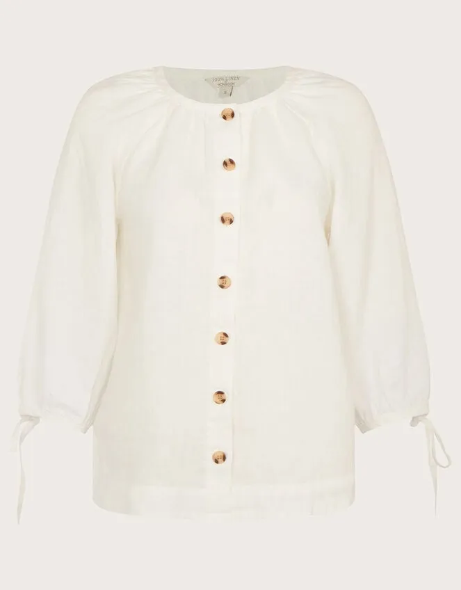 Women Tie Cuff Button Through Linen Blouse White Monsoon Tops and Blouses