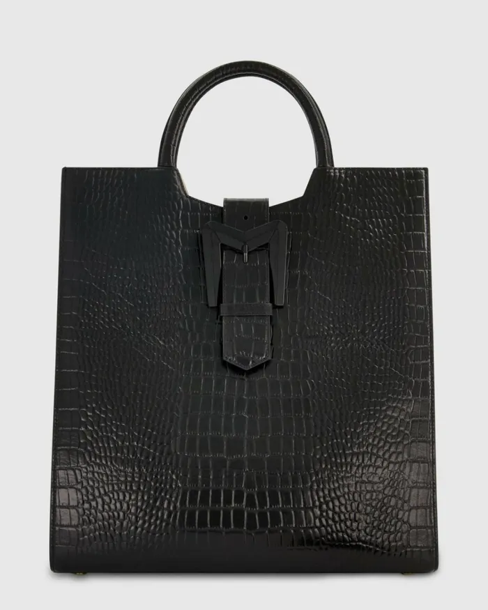 Women Totes Mac Duggal Buckled Maxi Croco Black Leather Tote Bag Black