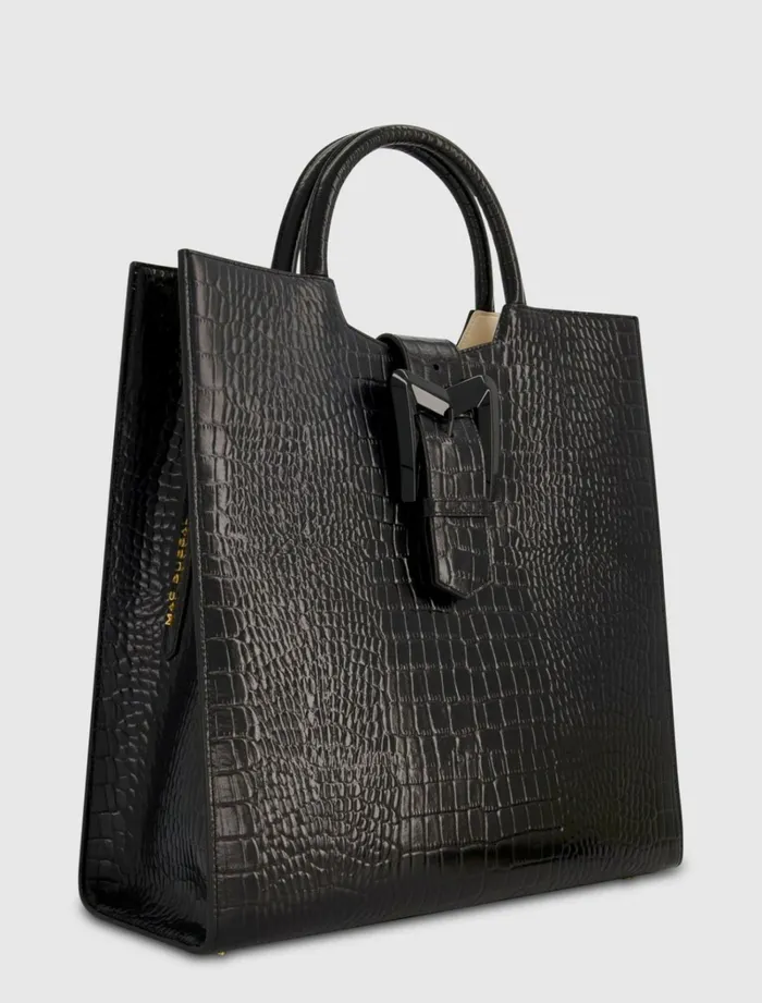 Women Totes Mac Duggal Buckled Maxi Croco Black Leather Tote Bag Black