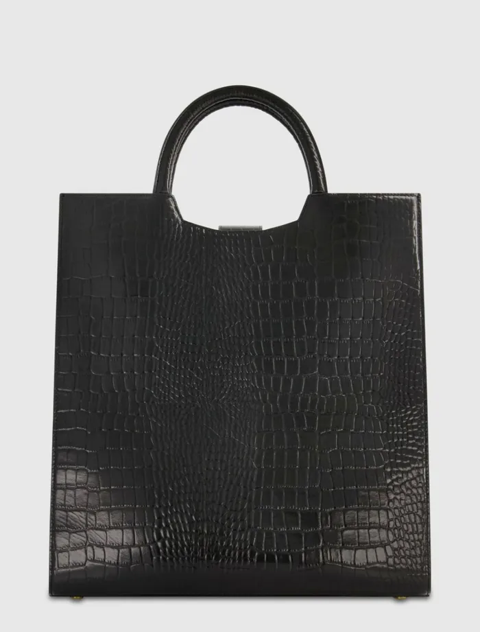 Women Totes Mac Duggal Buckled Maxi Croco Black Leather Tote Bag Black