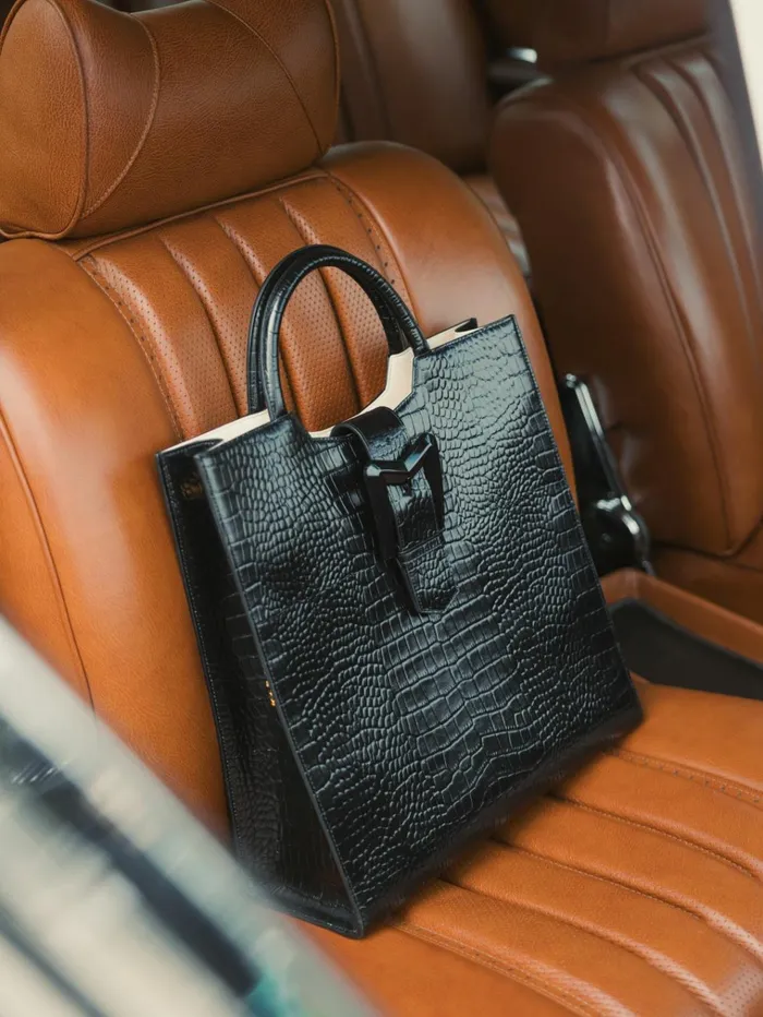 Women Totes Mac Duggal Buckled Maxi Croco Black Leather Tote Bag Black