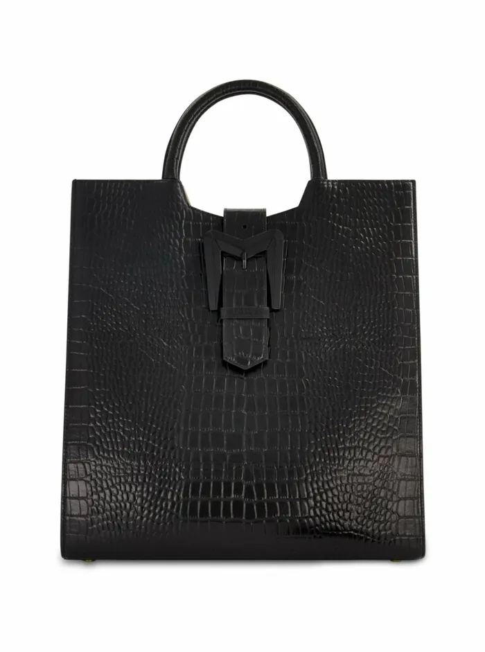 Women Totes Mac Duggal Buckled Maxi Croco Black Leather Tote Bag Black