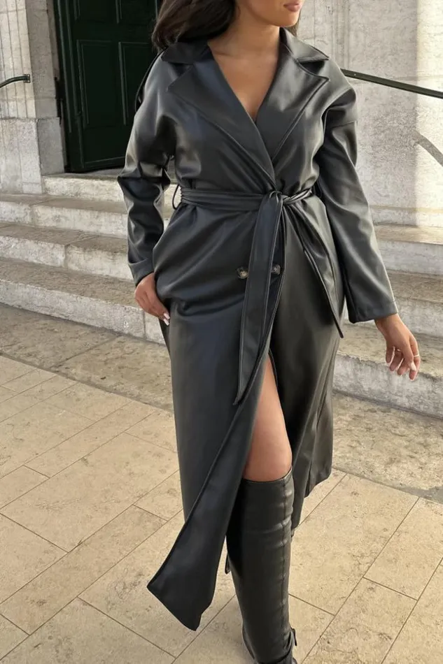 Women Trench Noir En Simili Cuir Ceinture Black Brentiny Paris Jackets