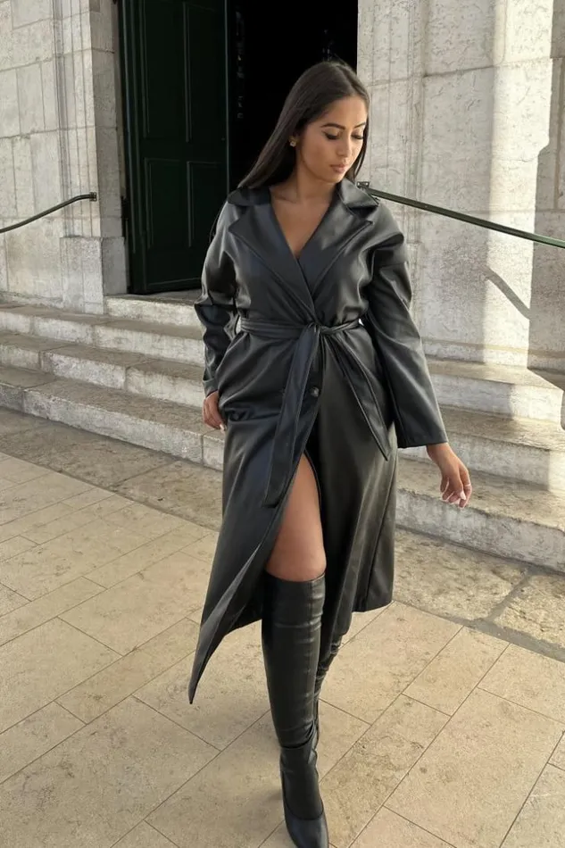 Women Trench Noir En Simili Cuir Ceinture Black Brentiny Paris Jackets