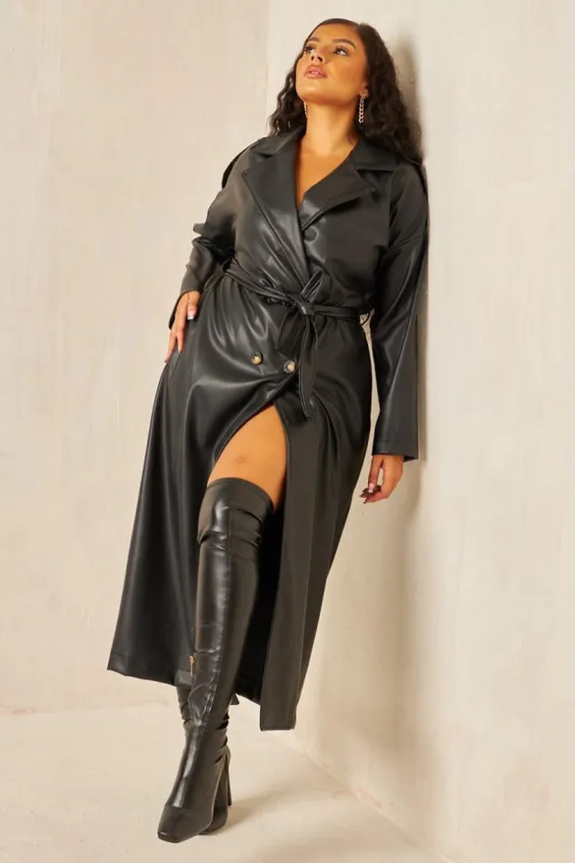 Women Trench Noir En Simili Cuir Ceinture Black Brentiny Paris Jackets