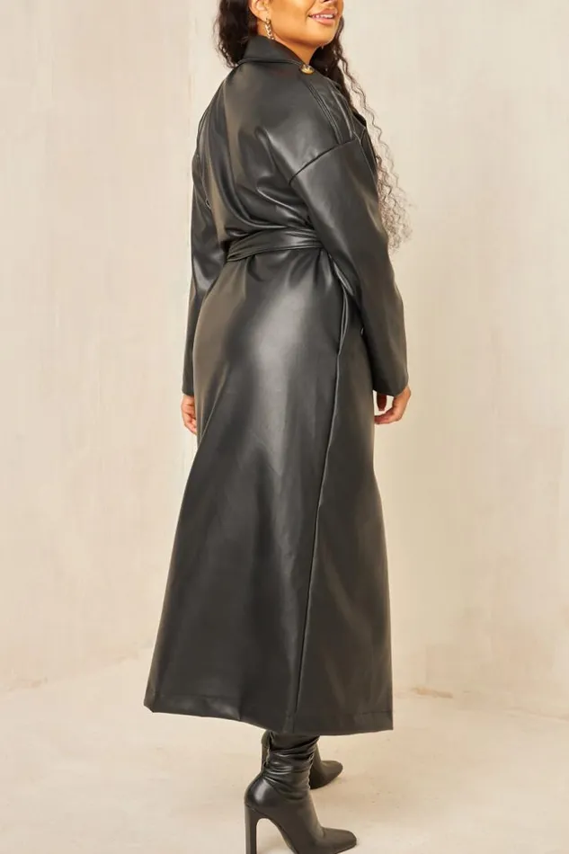 Women Trench Noir En Simili Cuir Ceinture Black Brentiny Paris Jackets