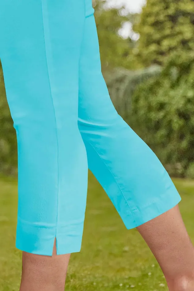 Women Turquoise Elastic Waist Stretch Cropped Trousers Roman Trousers
