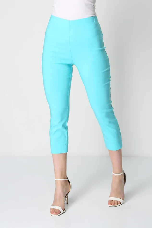Women Turquoise Elastic Waist Stretch Cropped Trousers Roman Trousers
