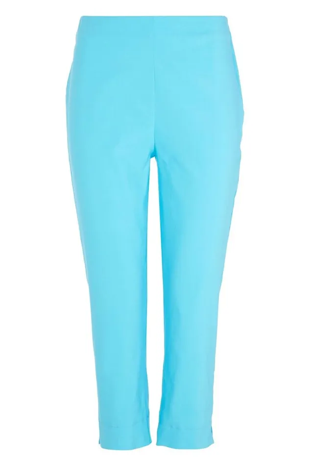 Women Turquoise Elastic Waist Stretch Cropped Trousers Roman Trousers