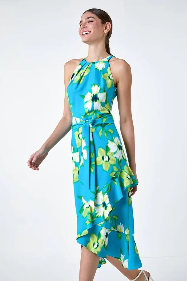 Women Turquoise Floral Print Chiffon Halterneck Midi Dress Roman Dresses