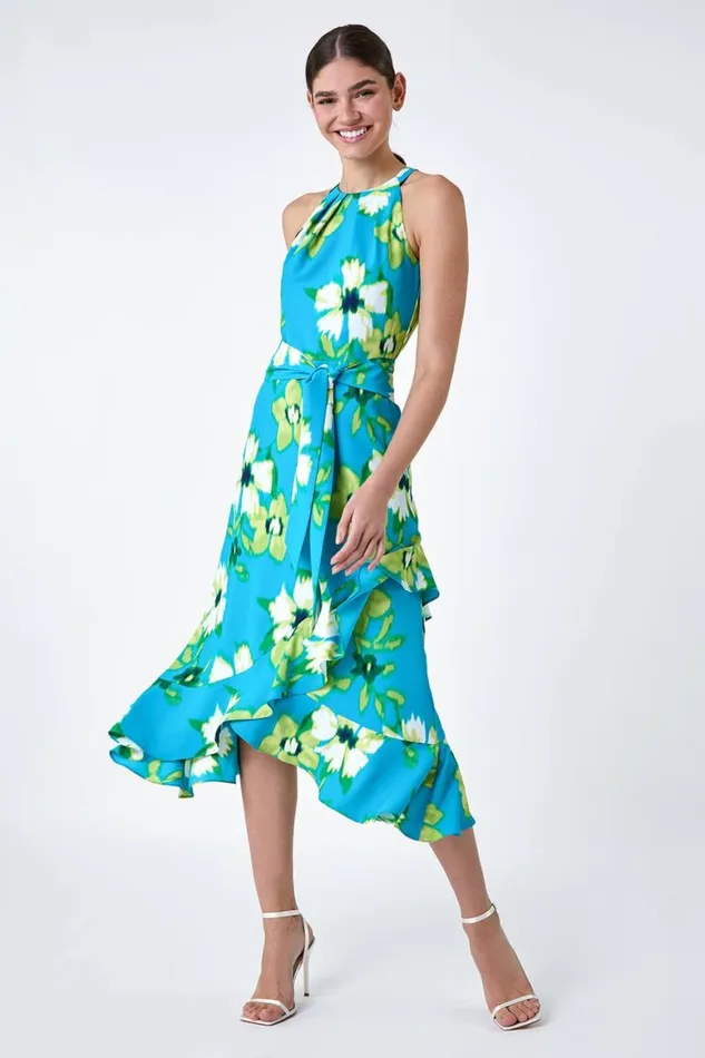 Women Turquoise Floral Print Chiffon Halterneck Midi Dress Roman Dresses