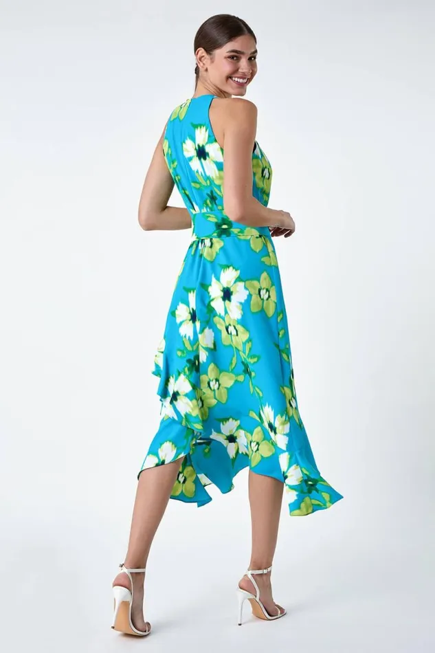 Women Turquoise Floral Print Chiffon Halterneck Midi Dress Roman Dresses