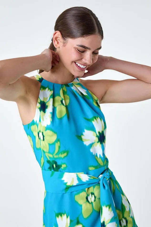 Women Turquoise Floral Print Chiffon Halterneck Midi Dress Roman Dresses