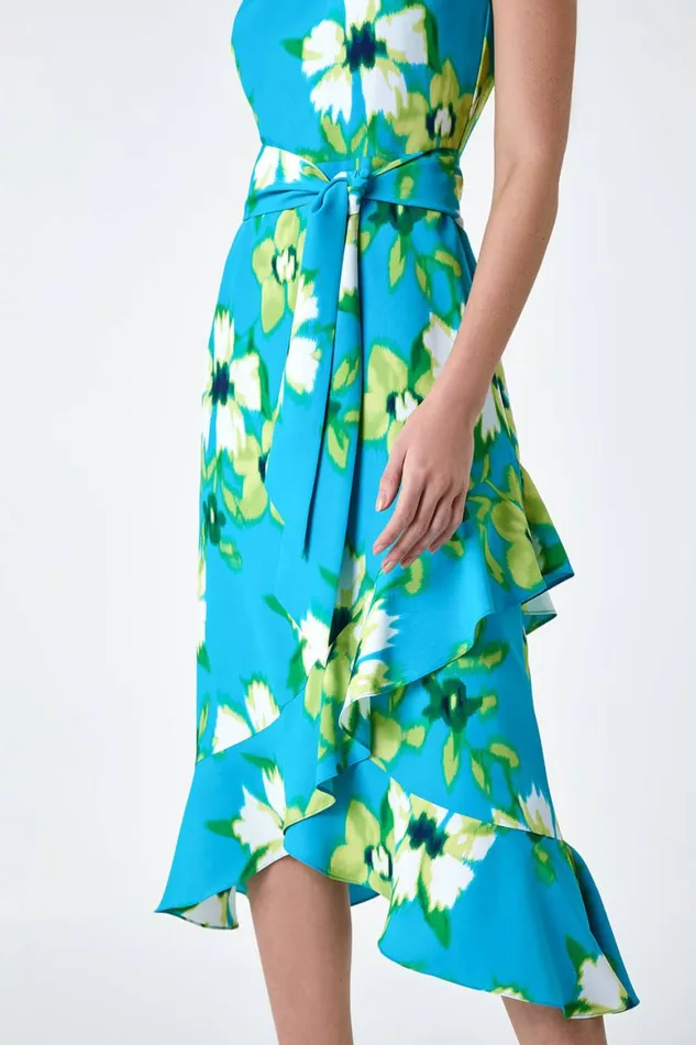Women Turquoise Floral Print Chiffon Halterneck Midi Dress Roman Dresses
