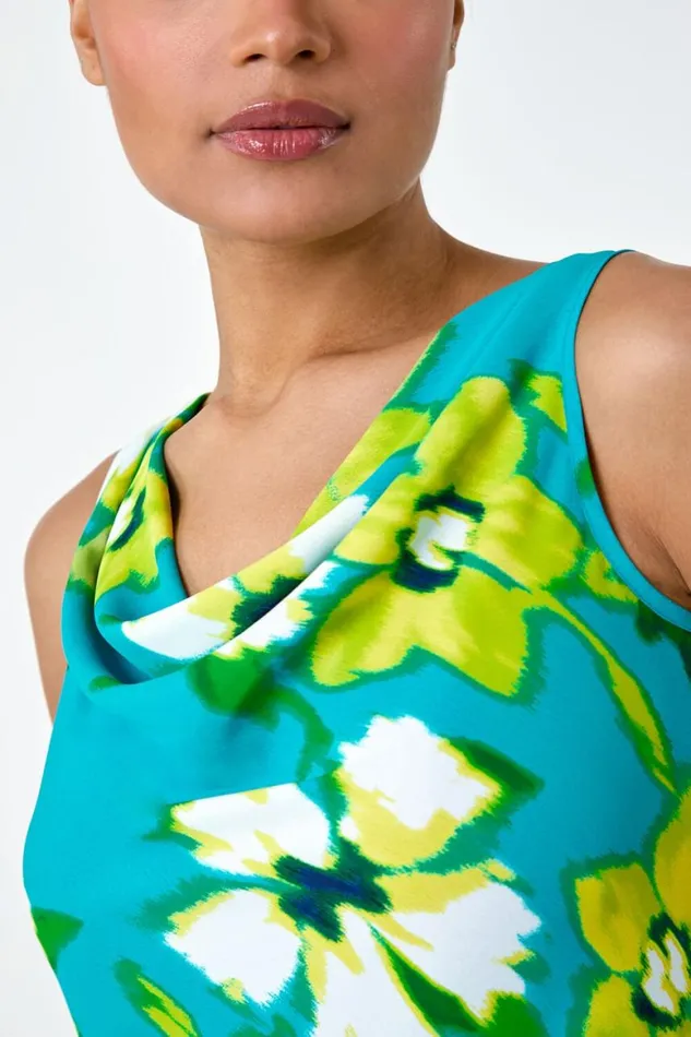 Women Turquoise Floral Print Cowl Neck Top Roman Tops